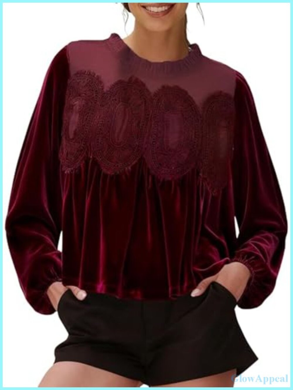 Velvet Lace Patchwork Mesh Babydoll Top Long Puff Sleeve Blouse